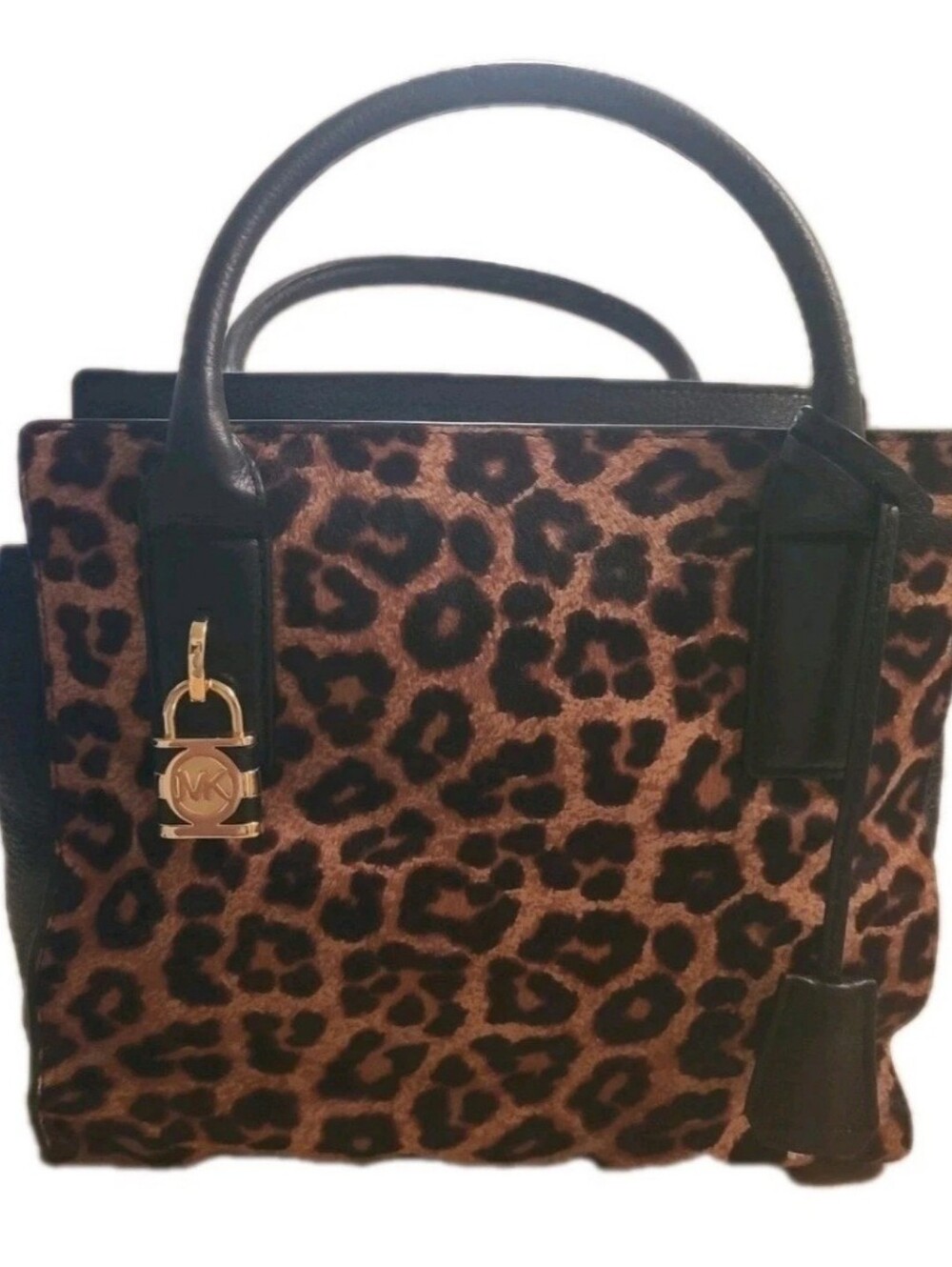 Michael Kors Mercer Black Leather Leopard Haircalf Satchel Crossbody Strap NWOT